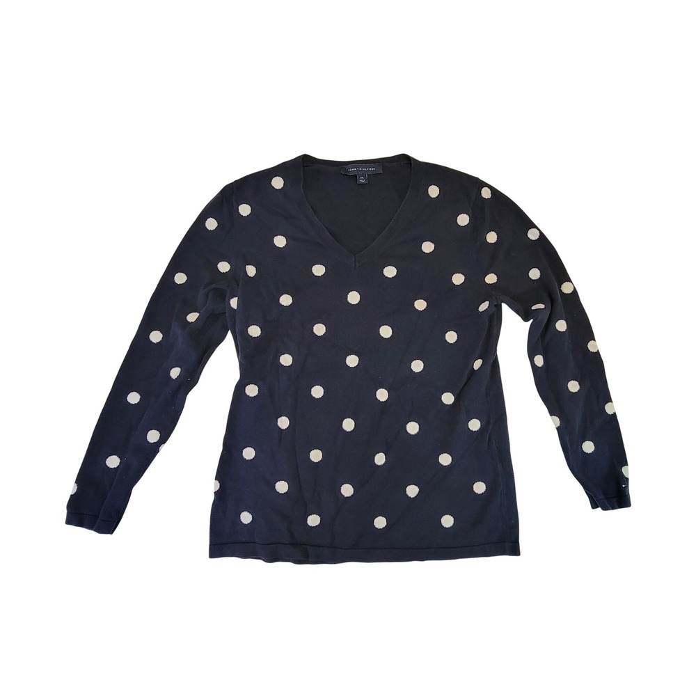 Tommy Hilfiger Navy Blue Polka Dot V-Neck Long Sleeve Sweater Top L